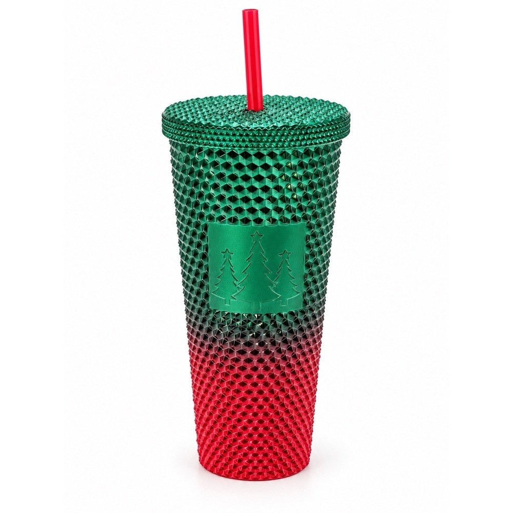 Holiday Style 23.5oz Red Green Ombre Diamond Christmas Tree Tumbler Straw